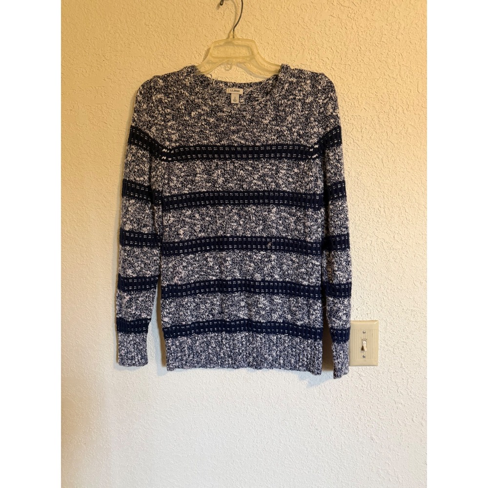 LL Bean Womens Navy White Striped Marled 100% Cotton Crewneck Sweater Small